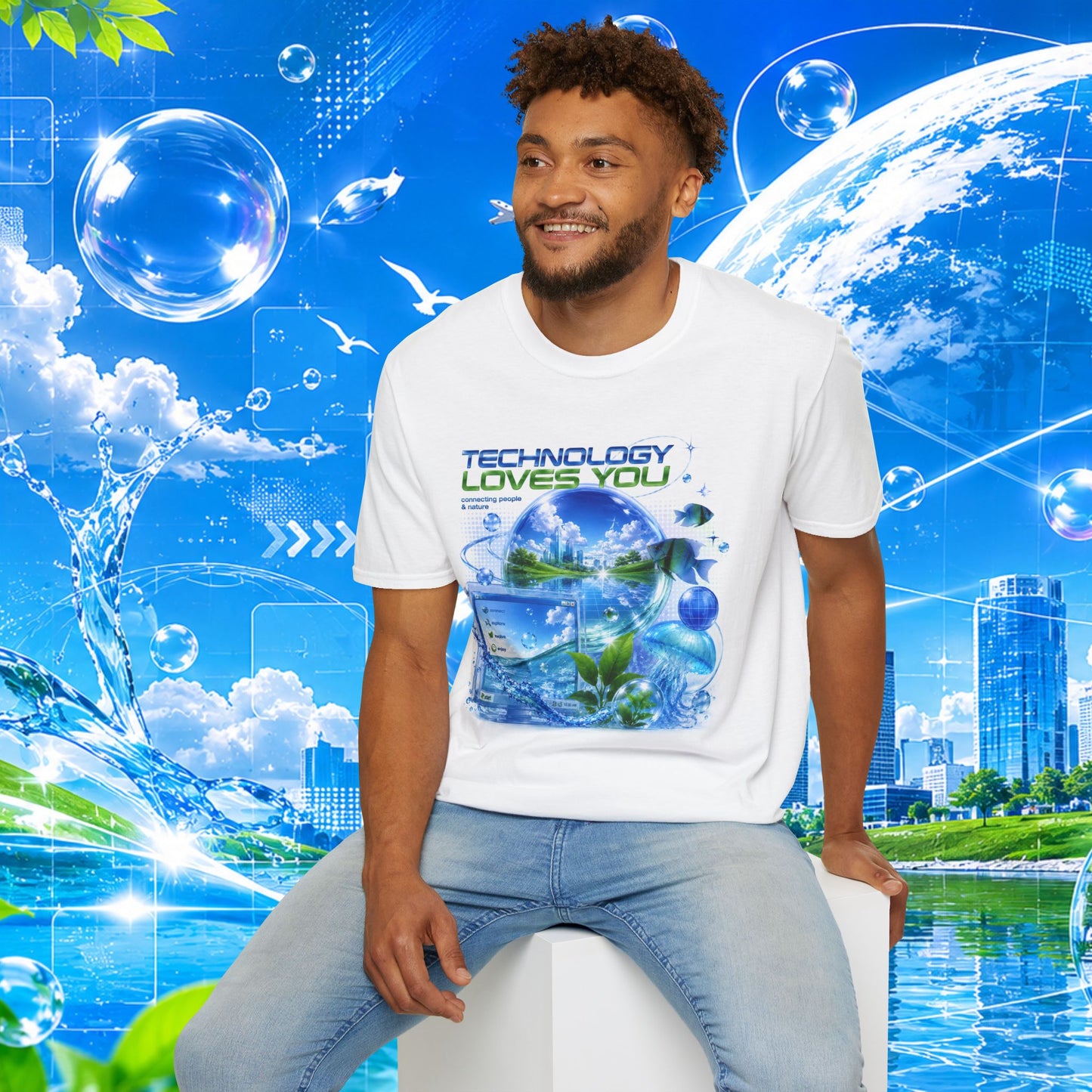 Frutiger Aero Shirt Nostalgia Tee: Retro Internet Cybercore Design, Aqua Graphics (Unisex Large Print, Bella+Canvas Cotton)