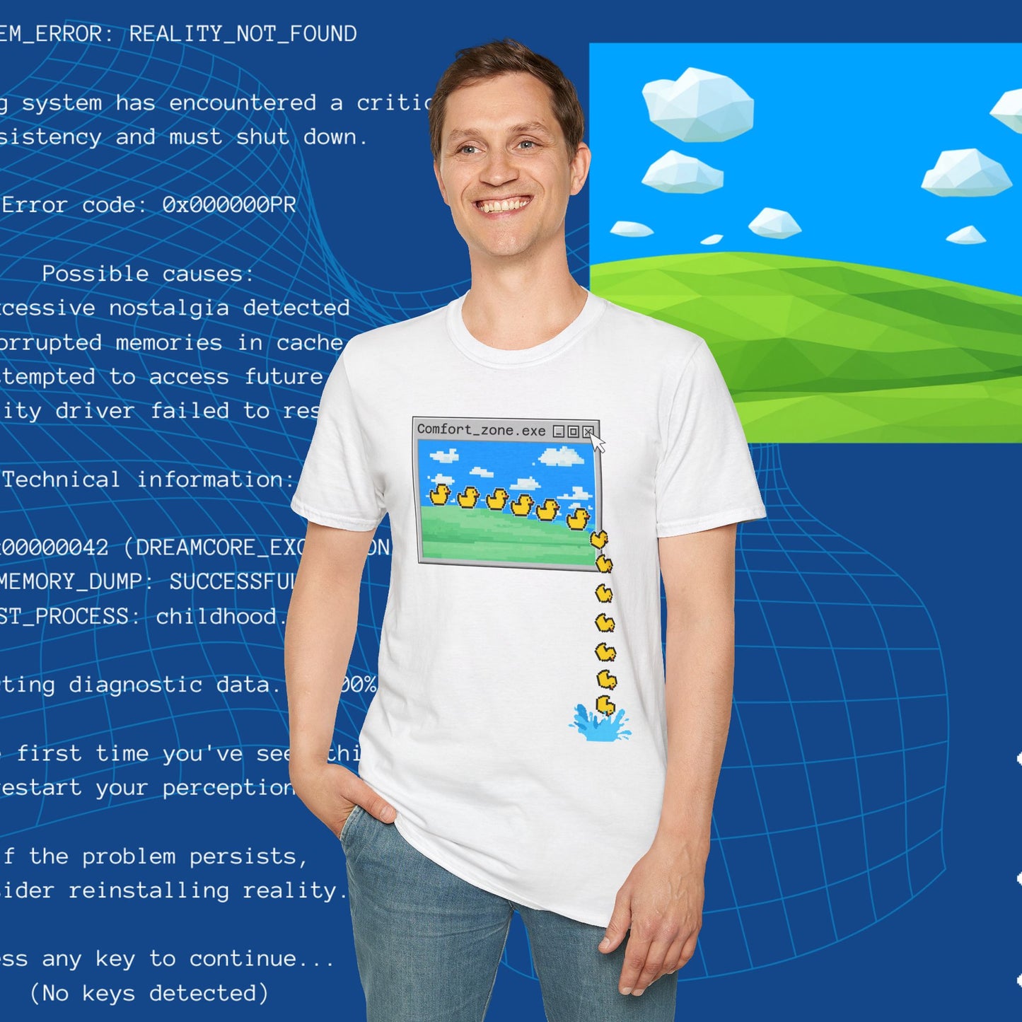 Comfort_zone.exe ducks pixel art T-Shirt | retro computer window, digital duck trail