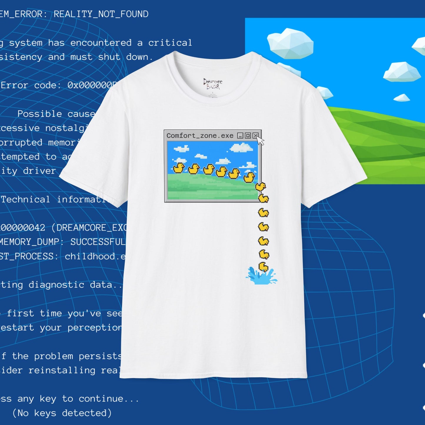 Comfort_zone.exe ducks pixel art T-Shirt | retro computer window, digital duck trail