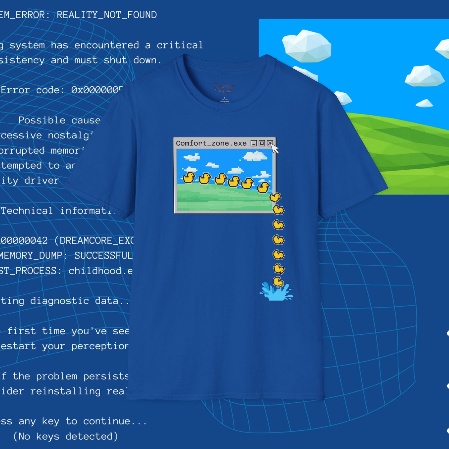 Comfort_zone.exe ducks pixel art T-Shirt | retro computer window, digital duck trail