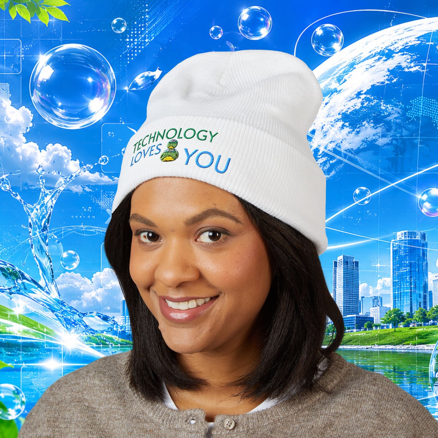 Technology Loves You beanie | Embroidered cuffed beanie FRUTIGER AERO Y2K
