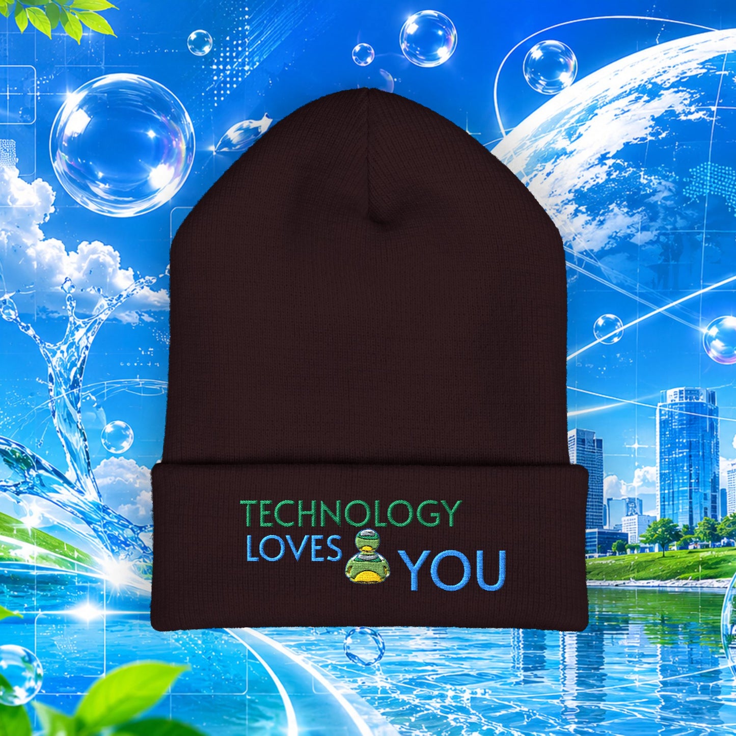Technology Loves You beanie | Embroidered cuffed beanie FRUTIGER AERO Y2K