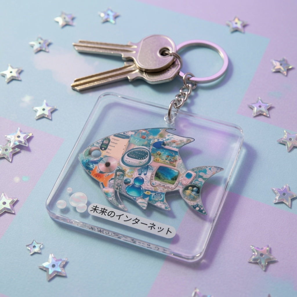Retro Tech Fish Square Keychain | Futuristic frutiger aero y2k Internet Illustration