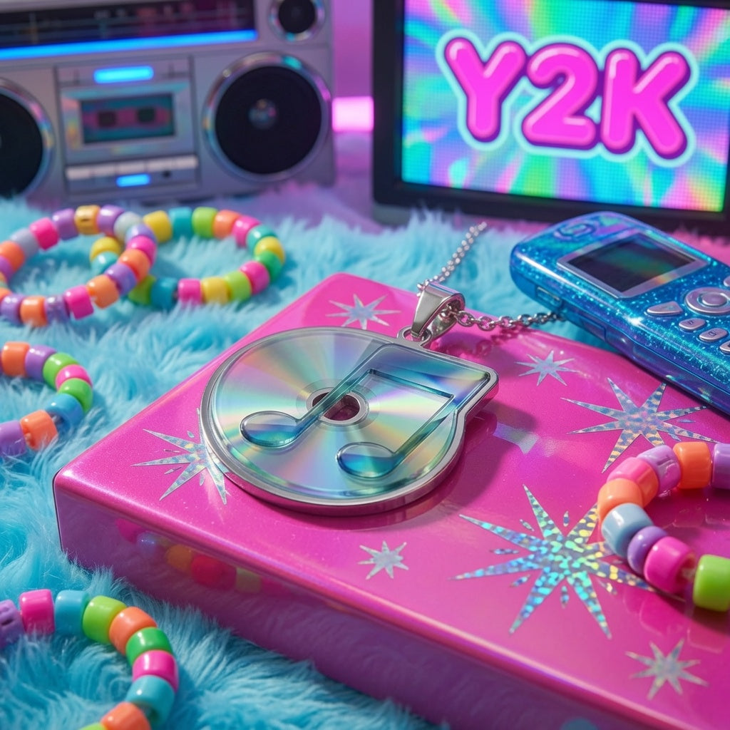 Frutiger Aero CD Music Note Pendant, Y2K Chrome Necklace, Vaporwave Jewelry, Nostalgic Tech Aesthetic Charm, Cyber Y2K Gift