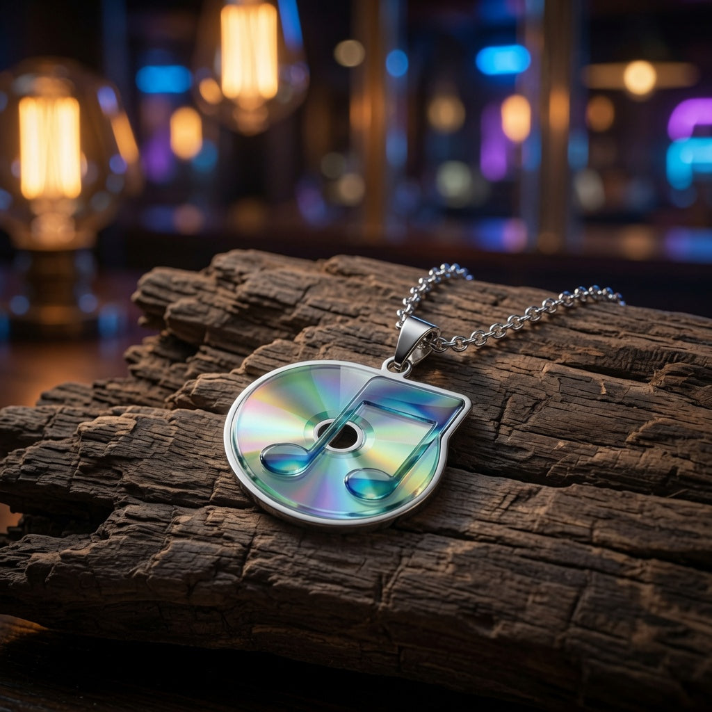 Frutiger Aero CD Music Note Pendant, Y2K Chrome Necklace, Vaporwave Jewelry, Nostalgic Tech Aesthetic Charm, Cyber Y2K Gift
