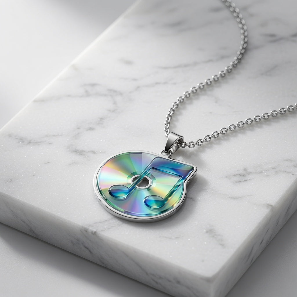 Frutiger Aero CD Music Note Pendant, Y2K Chrome Necklace, Vaporwave Jewelry, Nostalgic Tech Aesthetic Charm, Cyber Y2K Gift