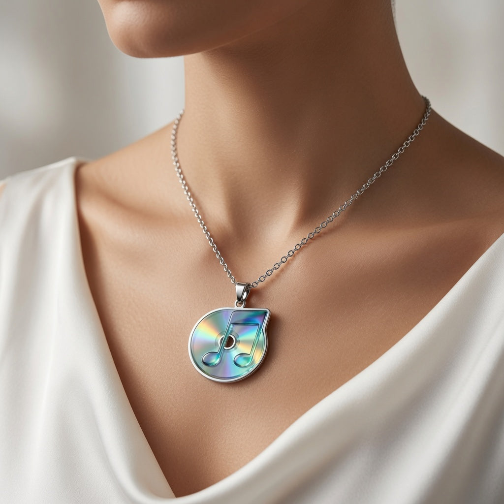 Frutiger Aero CD Music Note Pendant, Y2K Chrome Necklace, Vaporwave Jewelry, Nostalgic Tech Aesthetic Charm, Cyber Y2K Gift