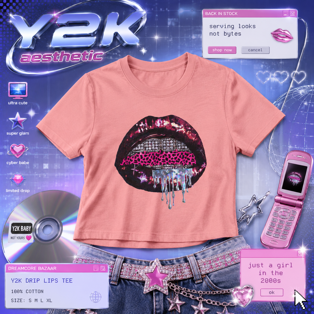 McBling Y2K Graphic Tee, 100% Cotton Oversized T-Shirt, Pink Lip Graphic Shirt, Retro 2000s Aesthetic Top, Cyber Glam Baby Tee