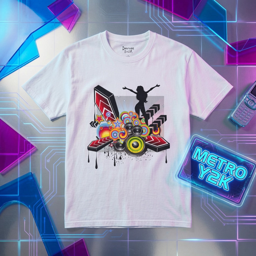 Frutiger Metro Y2K Graphic Tee Retro Futuristic Streetwear Shirt Colorful Speaker Design Webcore Aesthetic Unisex Top
