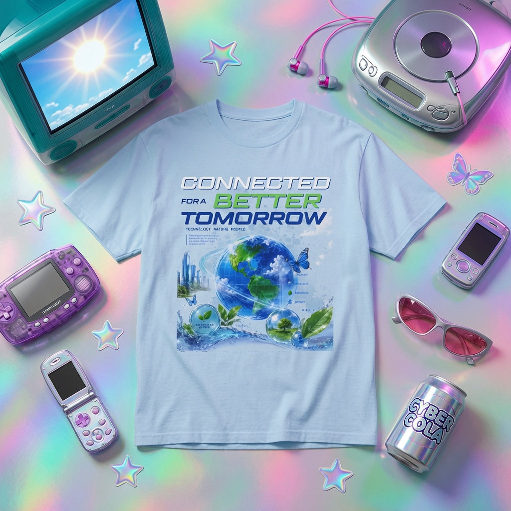 Frutiger Aero T-Shirt Connected For A Better Tomorrow Shirt | Y2K Futuristic Earth Tee | Eco Tech Aesthetic Graphic Shirt | Retro Vaporwave
