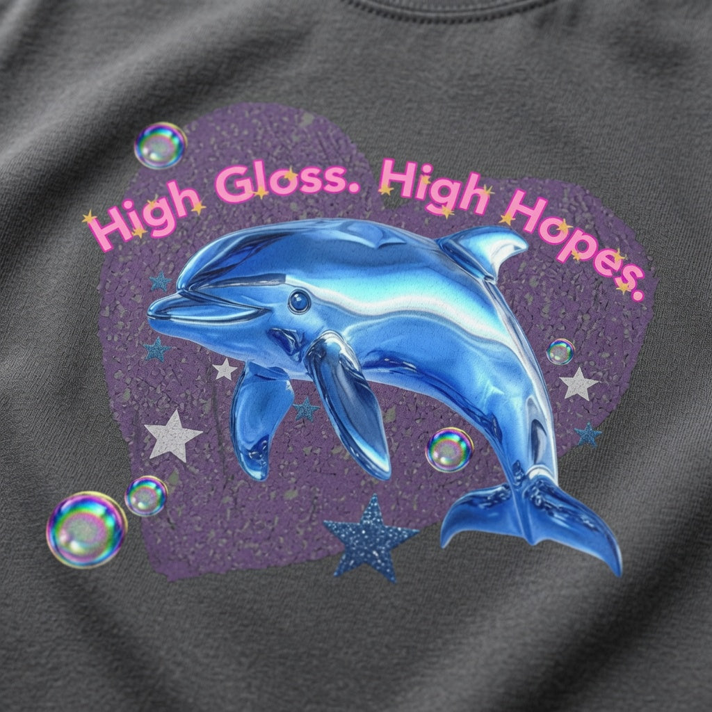 High Gloss High Hopes Shirt, McBling Dolphin Tee, Y2K Aesthetic Clothing, Pink Glam Graphic , 2000s Nostalgia Fashion, Cyber Fairycore Top