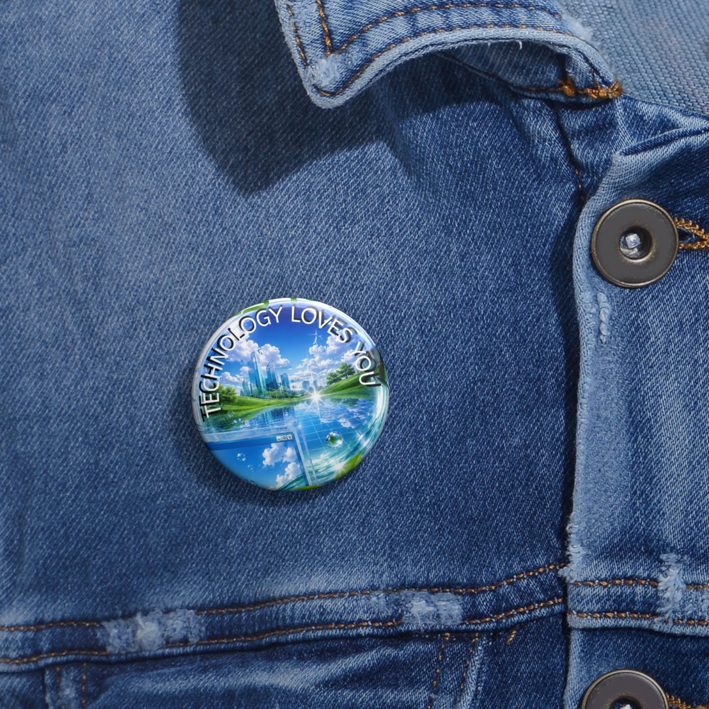 Technology Loves You Pin Button | Round Custom Pinback Badge Frutiger Aero Optimism everywhere!