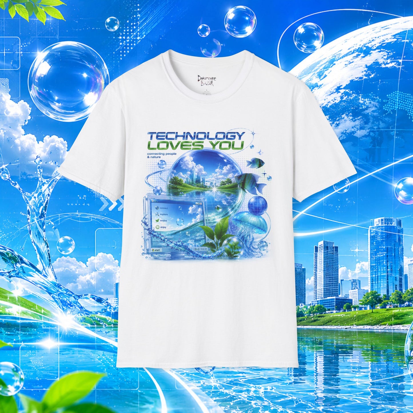 Frutiger Aero Shirt Nostalgia Tee: Retro Internet Cybercore Design, Aqua Graphics (Unisex Large Print, Bella+Canvas Cotton)