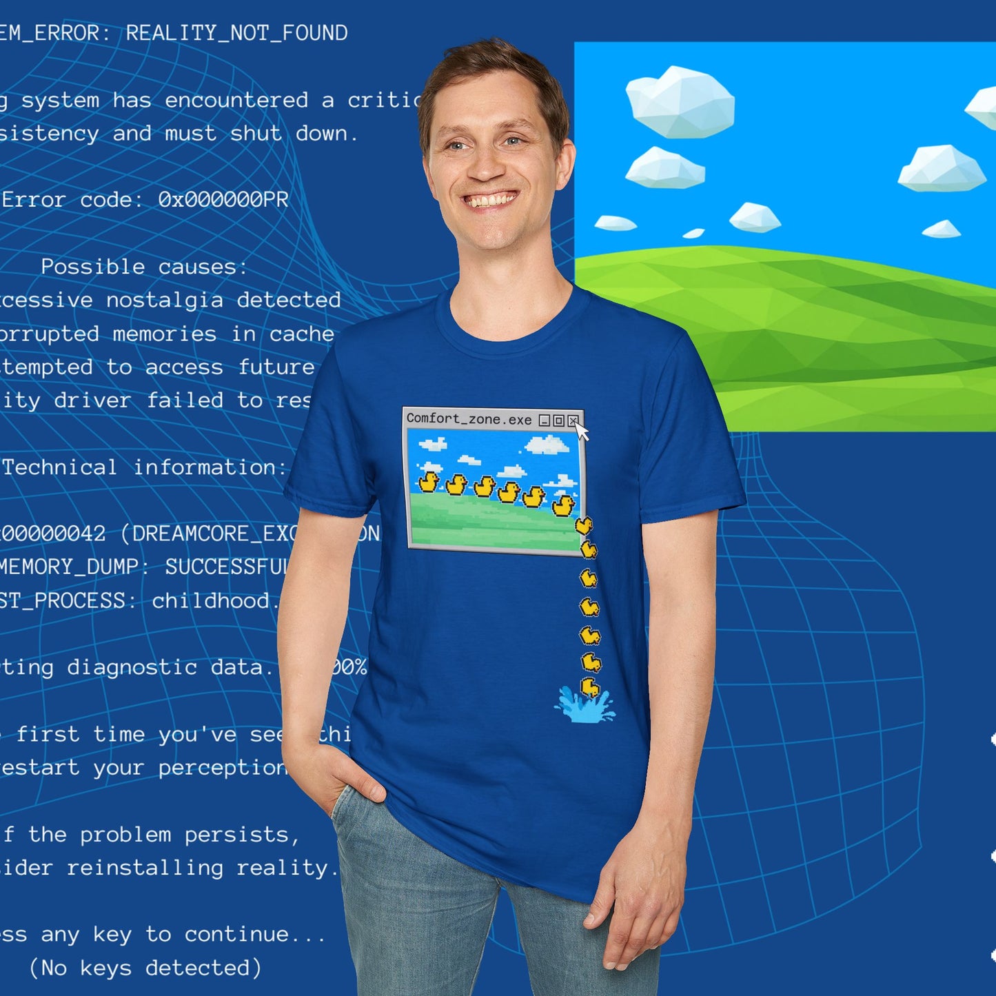 Comfort_zone.exe ducks pixel art T-Shirt | retro computer window, digital duck trail