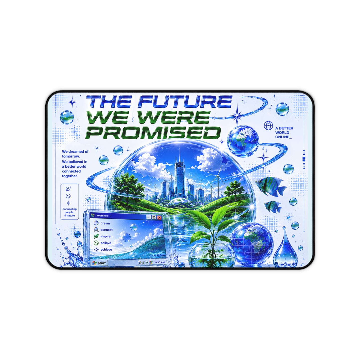 Frutiger Aero! The Future We Were Promised desk mat | Futuristic city, eco tech graphic
