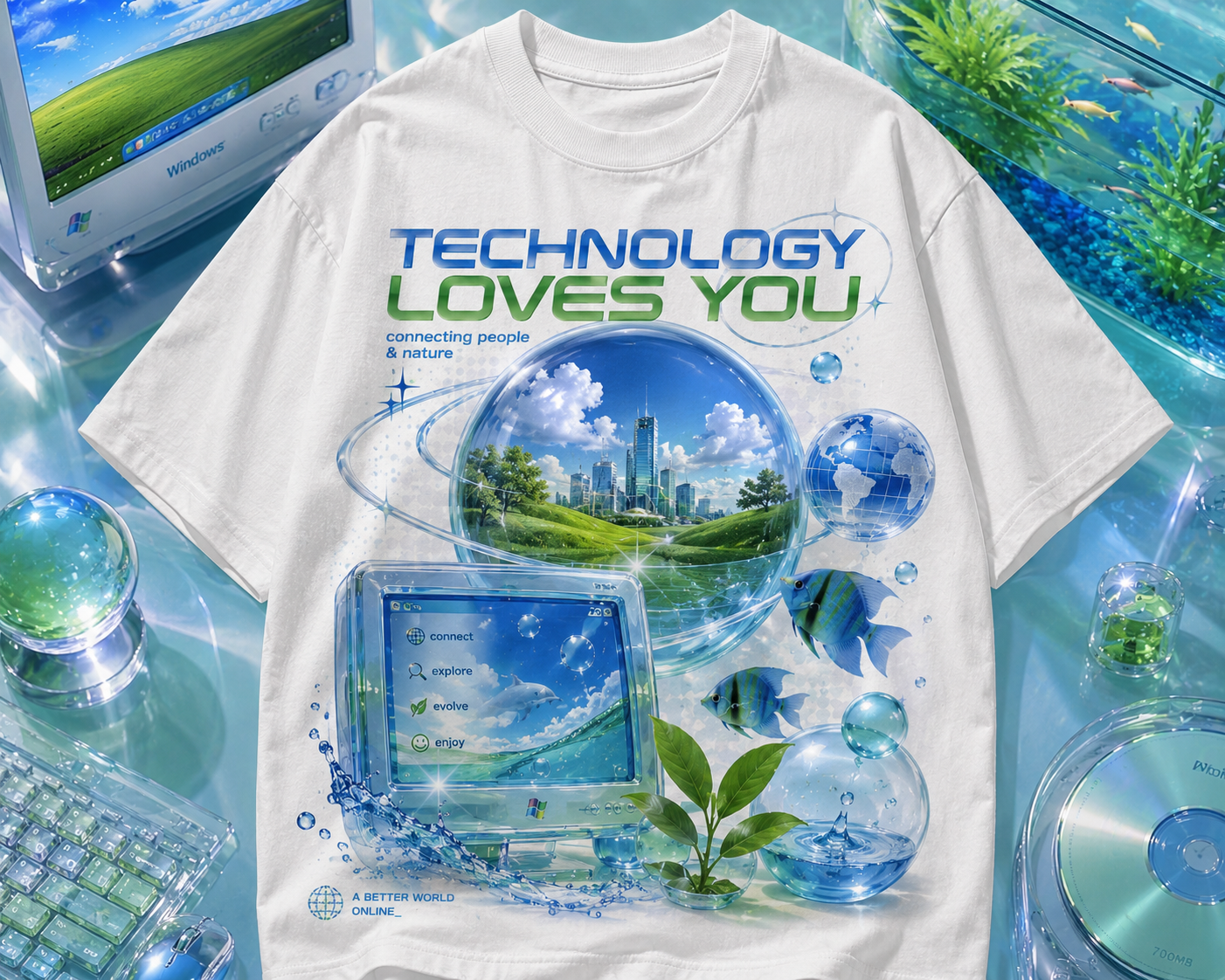 Frutiger Aero Shirt Nostalgia Tee: Retro Internet Cybercore Design, Aqua Graphics (Unisex Large Print, Bella+Canvas Cotton)