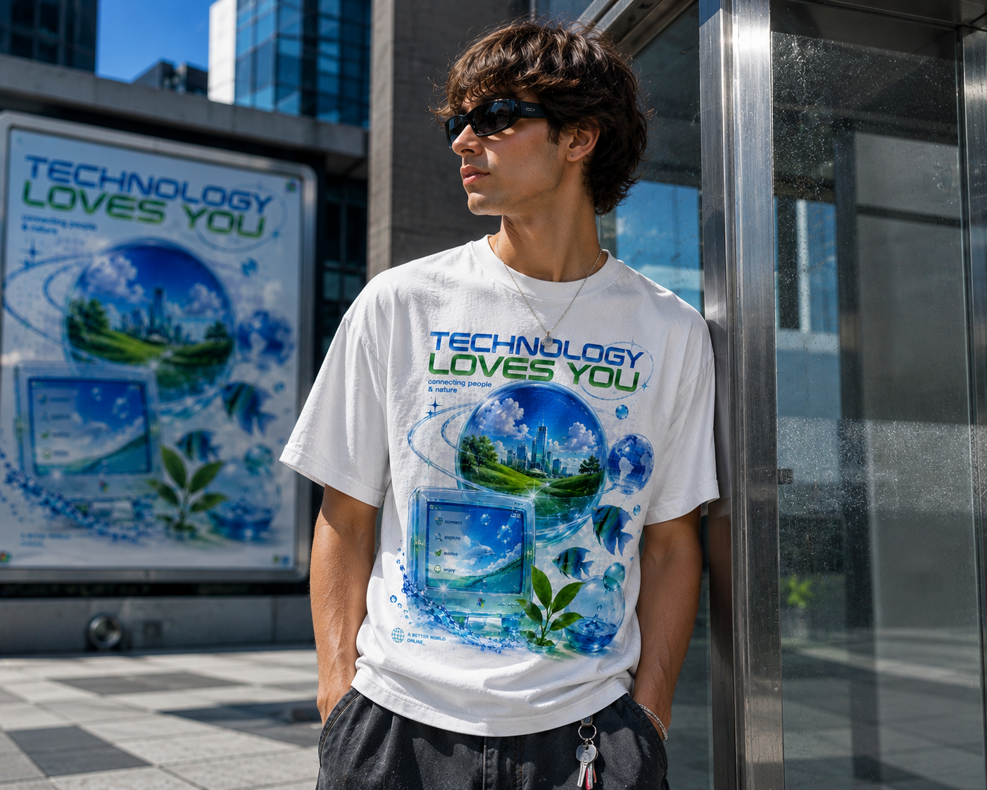 Frutiger Aero Shirt Nostalgia Tee: Retro Internet Cybercore Design, Aqua Graphics (Unisex Large Print, Bella+Canvas Cotton)